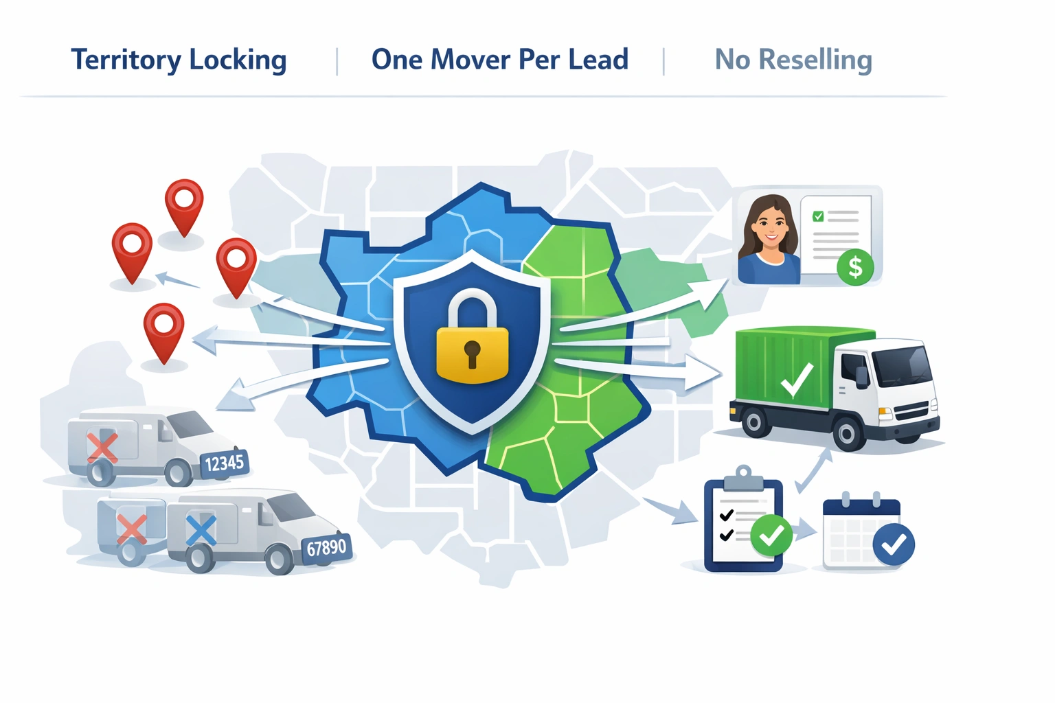 Exclusive moving leads system showing territory locking, one mover per lead policy, and verified moving customer inquiries.