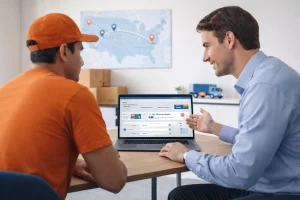 Moving company owner discussing long distance moving leads and service routes with a lead generation provider in a modern office.