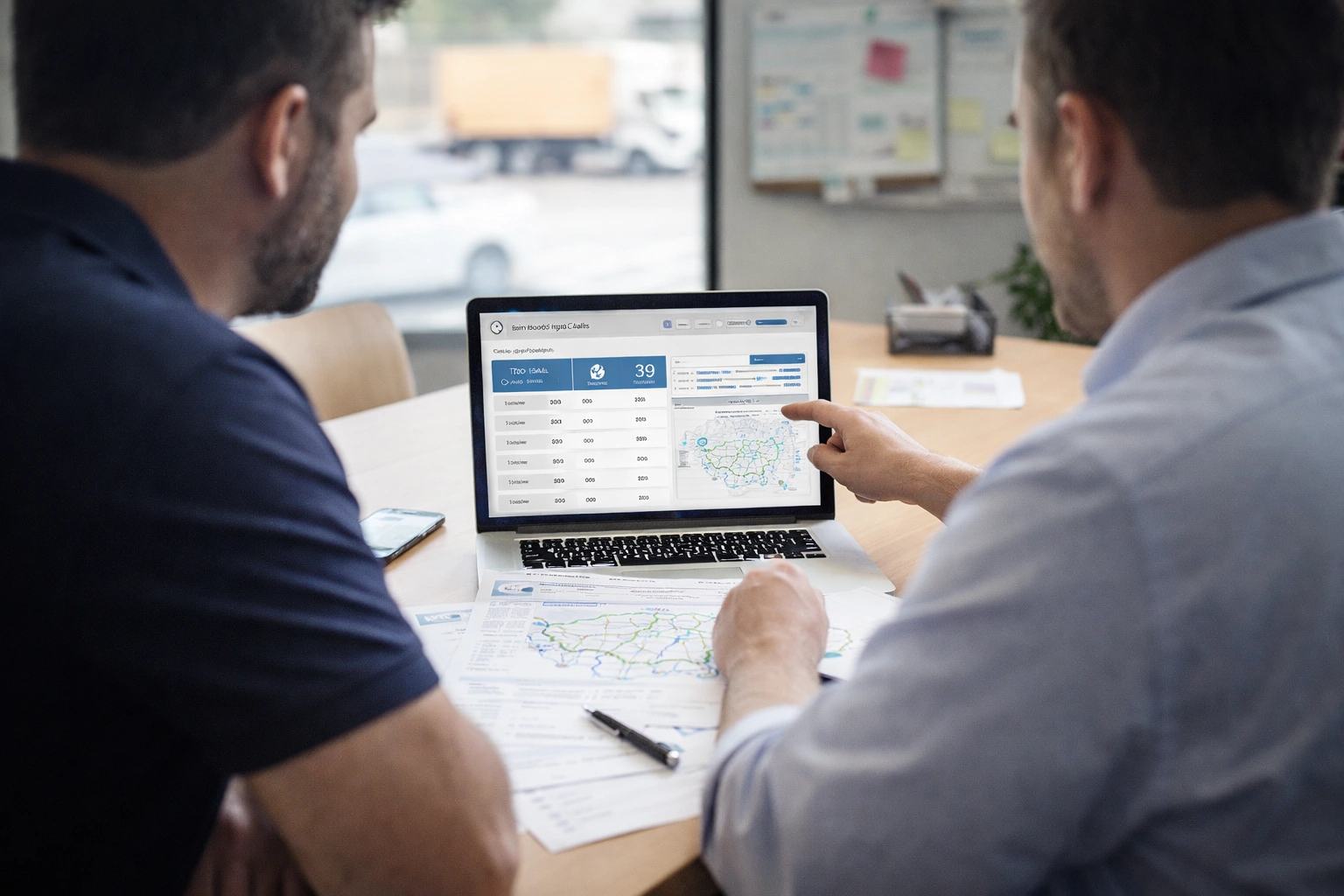 Moving company owner reviewing pay per call moving leads and service routes with a lead generation provider.