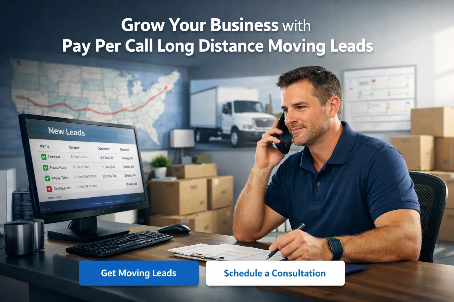 Moving company manager in a modern office answering an incoming call while reviewing long-distance moving lead details on a desktop screen, with route map, moving truck imagery, and boxes in the background.