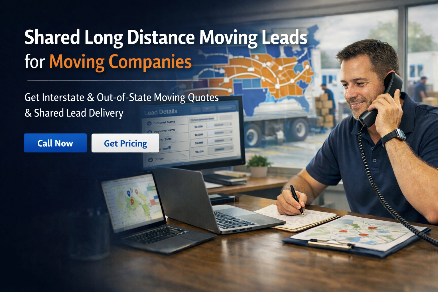 Showing a moving company dispatcher on the phone reviewing interstate moving lead details at a desk, with a U.S. route map, moving truck activity in the background, and call-to-action buttons for Call Now and Get Pricing.